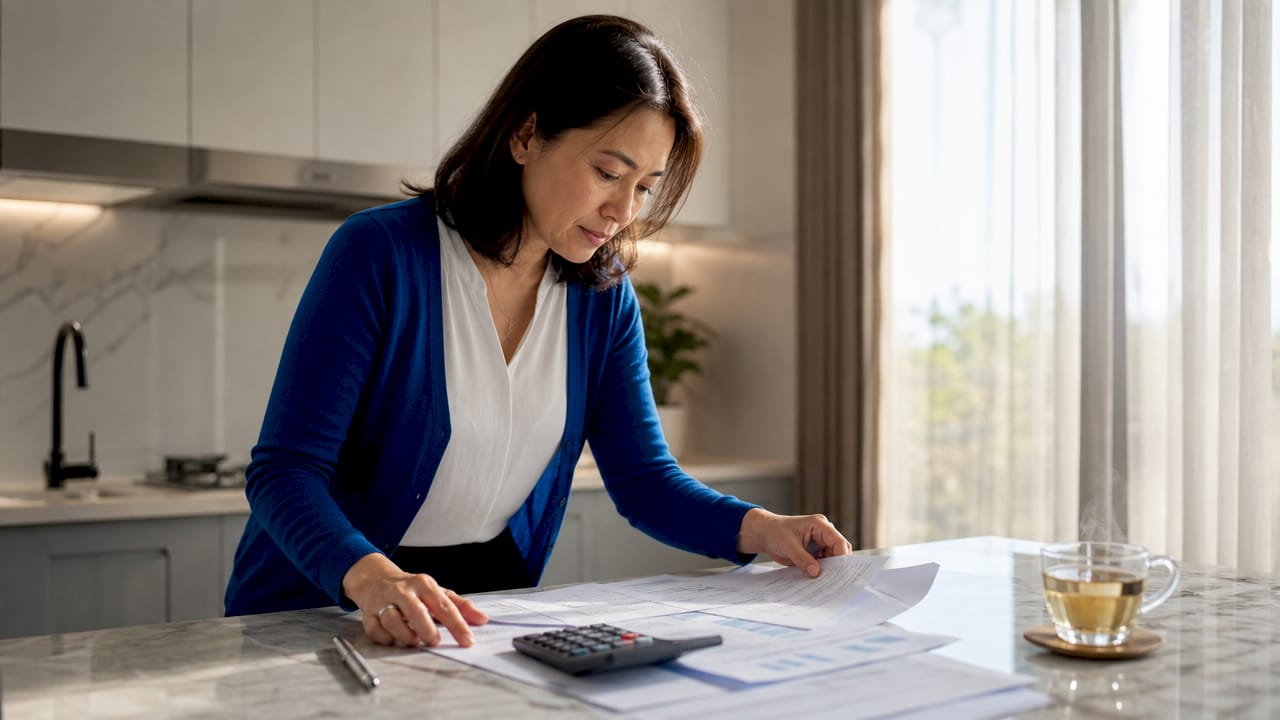1780857750546_Homeowner-reviewing-bridge-loan-documents-at-table Homeowner reviewing bridge loan documents at table