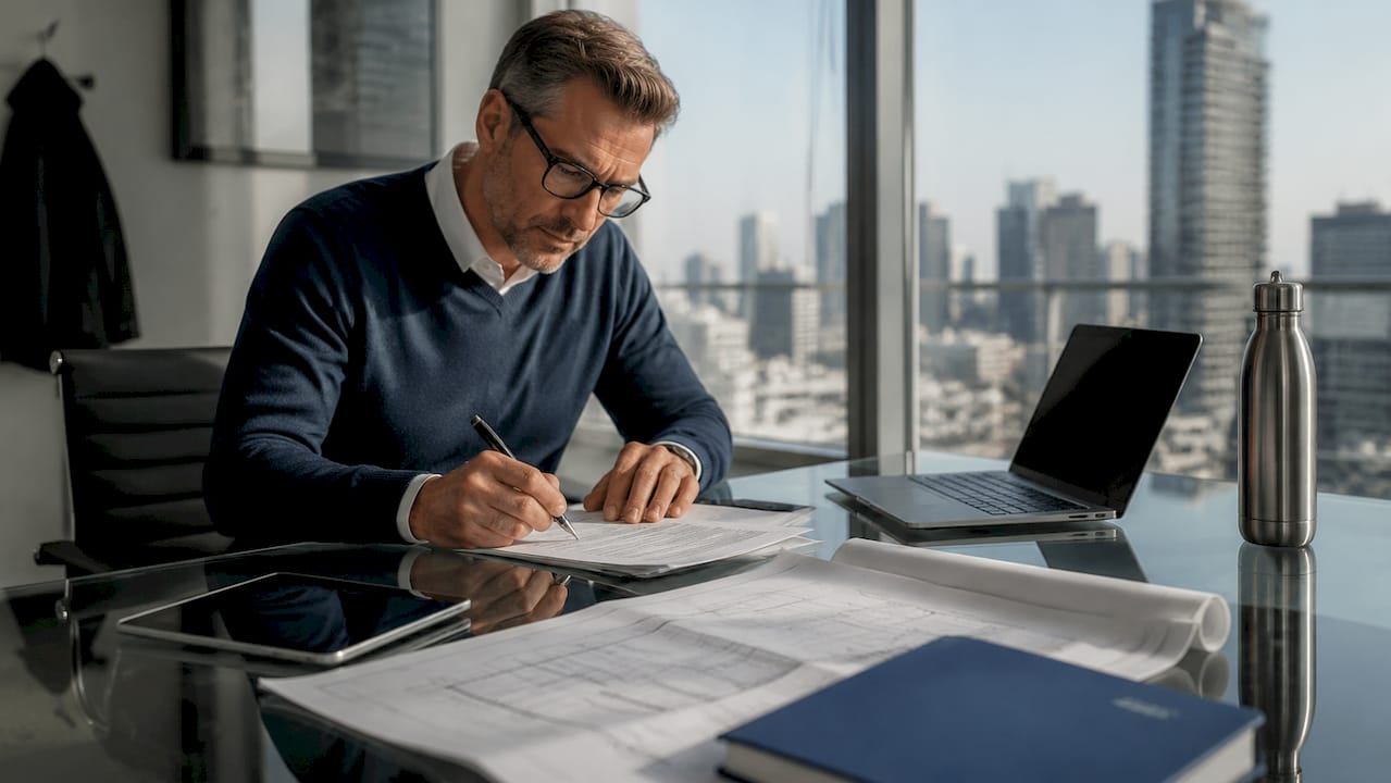 1781084006717_Man-reviewing-construction-loan-documents-at-desk Man reviewing construction loan documents at desk
