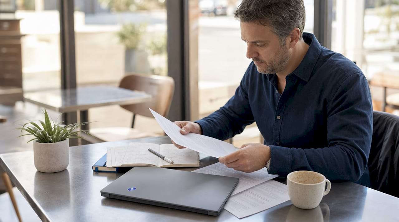 1781152830878_Investor-reviewing-private-money-loan-documents-at-desk Investor reviewing private money loan documents at desk