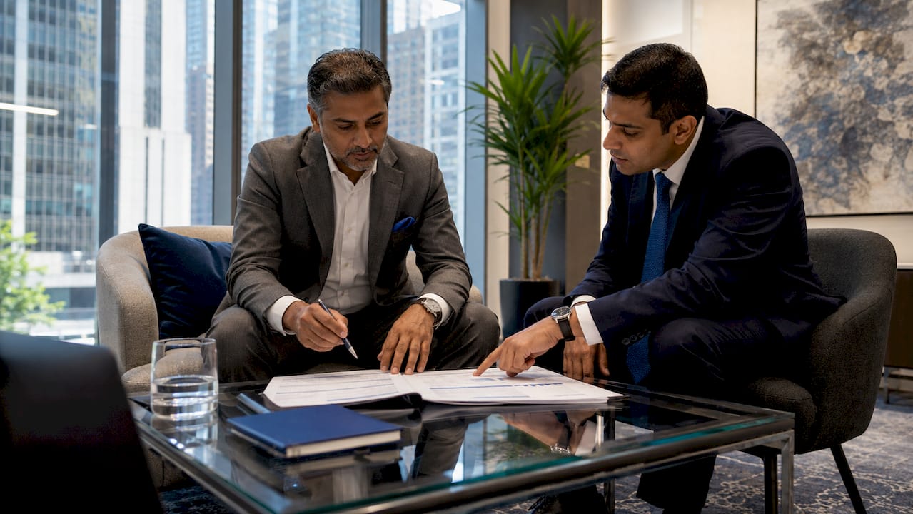 1781345325671_Client-and-banker-reviewing-mortgage-documents Client and banker reviewing mortgage documents