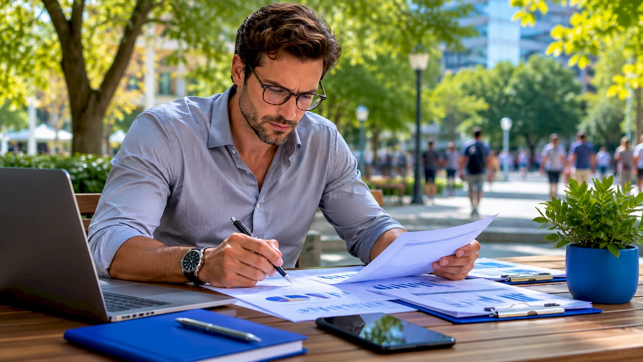 1781784347362_Investor-reviewing-broker-compensation-documents-at-desk Investor reviewing broker compensation documents at desk