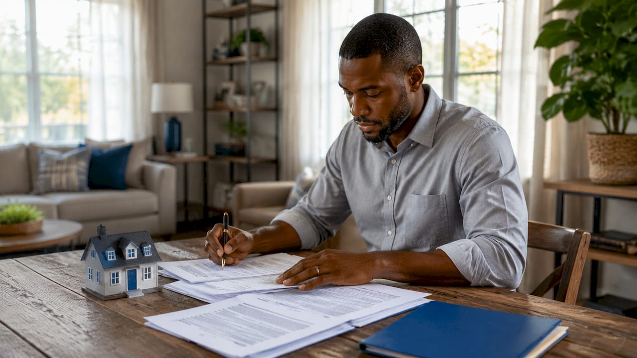 1781861975852_Man-reviewing-bridge-loan-documents-in-home-office Man reviewing bridge loan documents in home office
