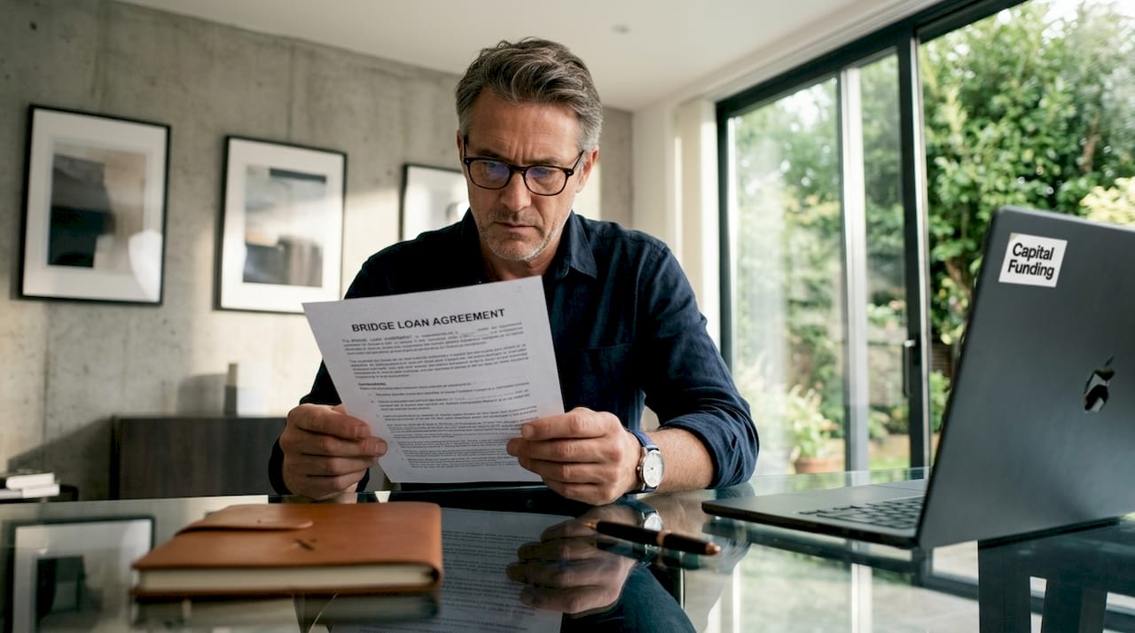1782040672704_Investor-reviewing-bridge-loan-paperwork-at-home Investor reviewing bridge loan paperwork at home