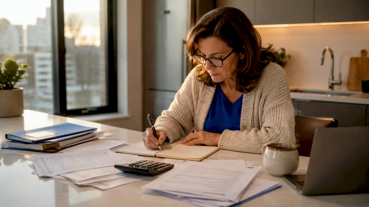 1782119518633_Woman-reviewing-bridge-financing-documents-at-kitchen-table Woman reviewing bridge financing documents at kitchen table