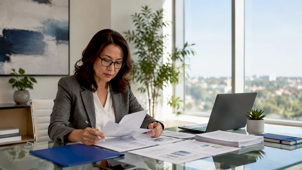 1782378836500_Lender-reviewing-flip-project-documents-at-desk Lender reviewing flip project documents at desk