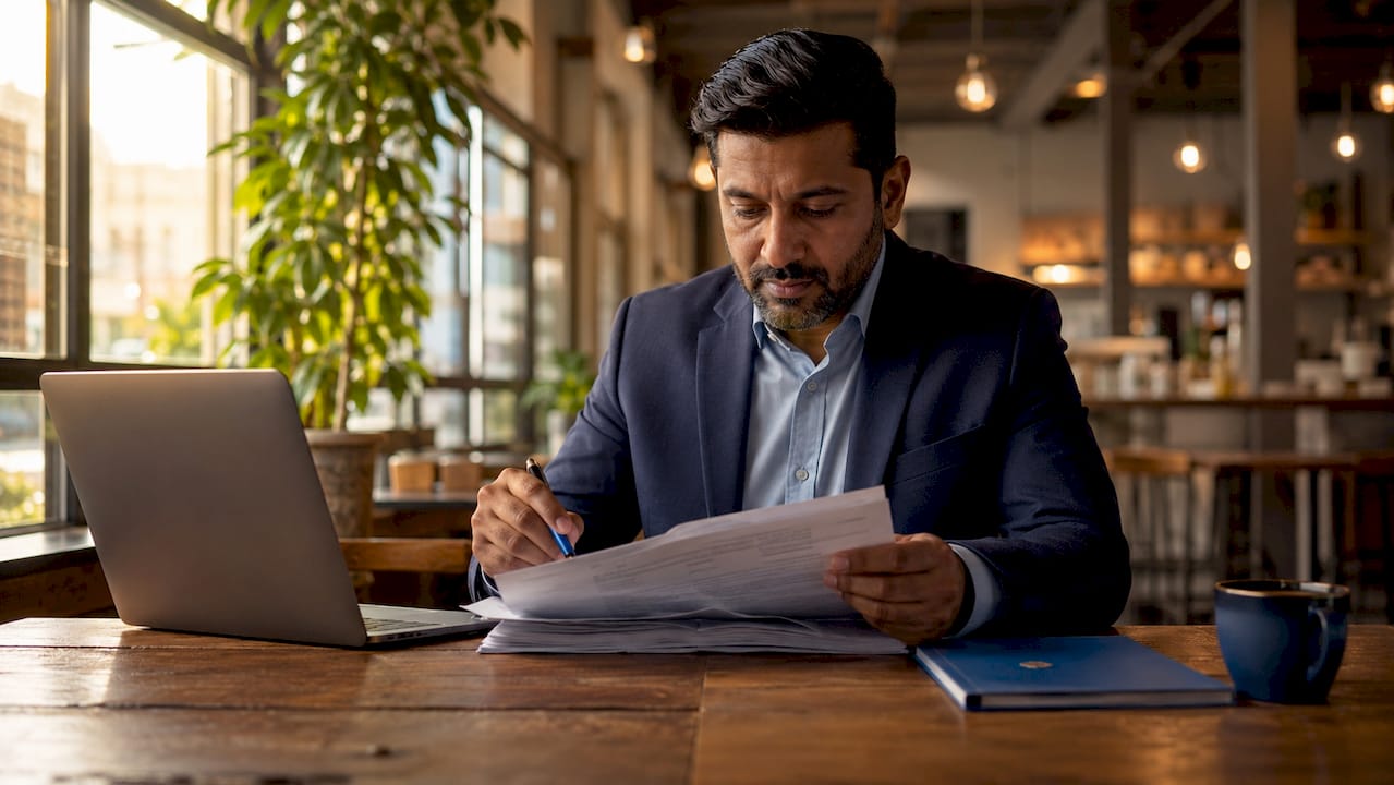 1782815825903_Businessman-reviewing-loan-documents-at-bank-table Businessman reviewing loan documents at bank table