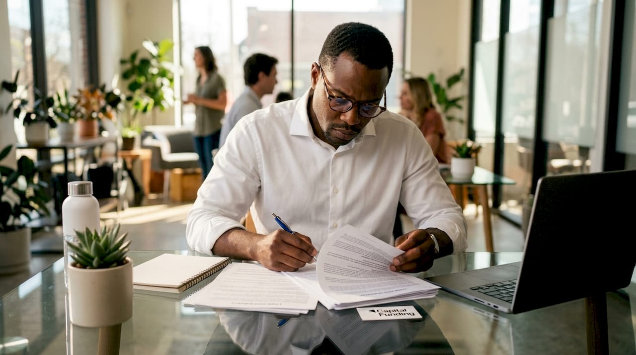 1782898347090_Broker-reviewing-hard-money-loan-paperwork-at-desk Broker reviewing hard money loan paperwork at desk