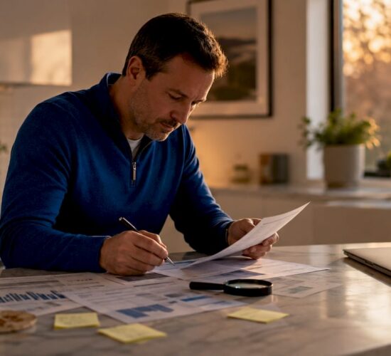Investor reviewing lending documents at desk