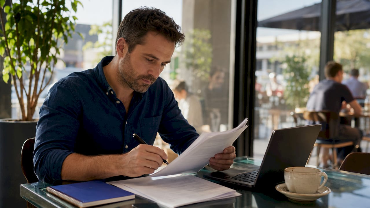 1783222326776_Investor-reviewing-loan-documents-at-home-office-table Investor reviewing loan documents at home office table