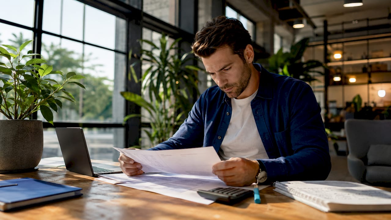 1783395203207_Broker-reviewing-loan-documents-at-office-desk Broker reviewing loan documents at office desk
