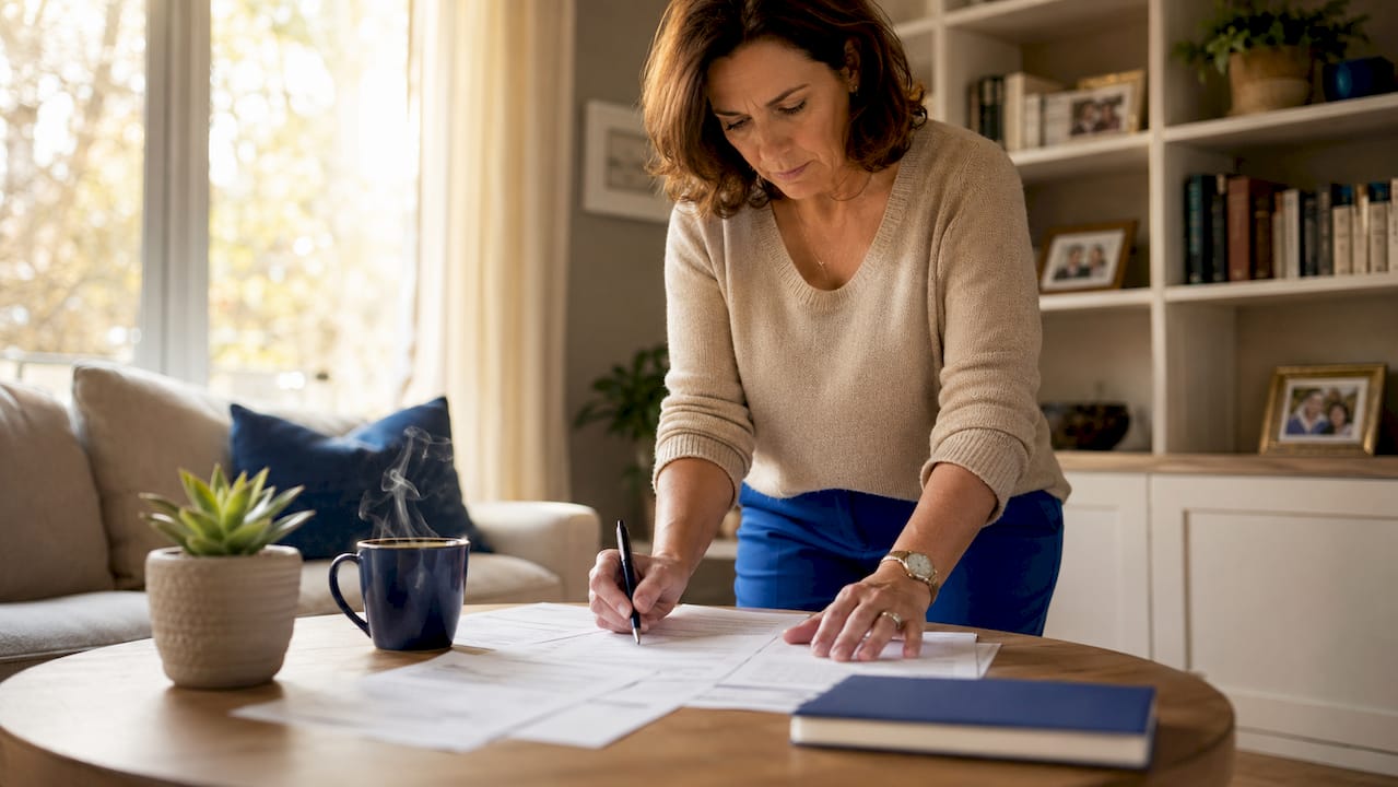 1783658035449_Homeowner-reviewing-bridge-loan-paperwork-at-table Homeowner reviewing bridge loan paperwork at table