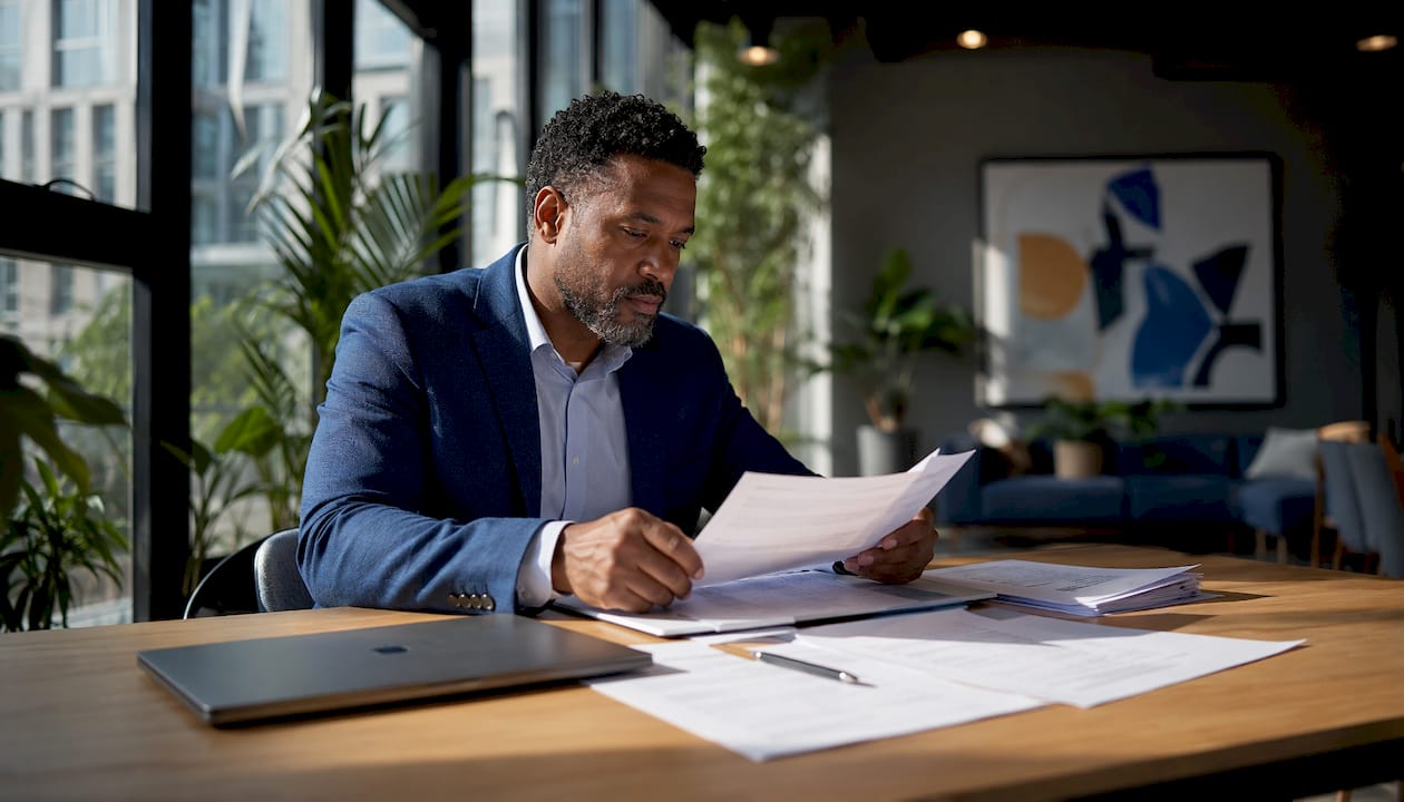 1784528767999_Man-reviewing-property-loan-documents-in-office Man reviewing property loan documents in office