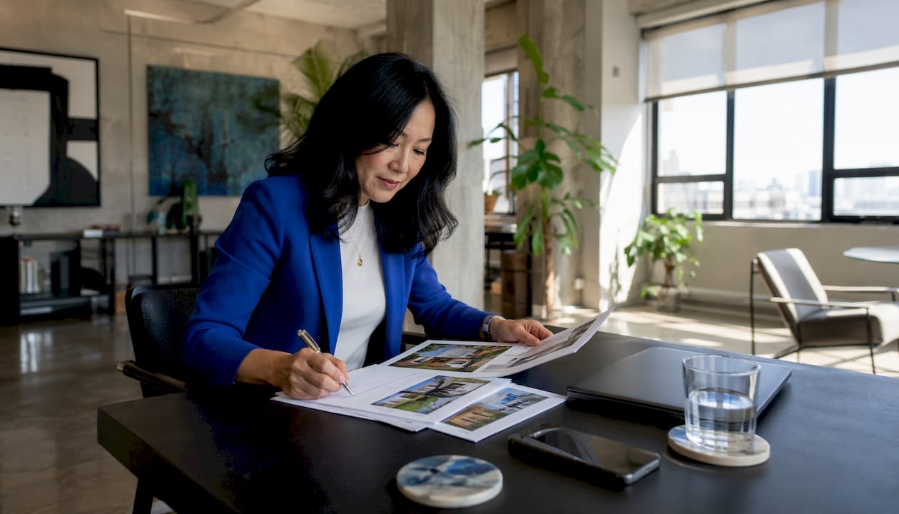 1784783426713_Businesswoman-reviewing-real-estate-appraisal-papers Businesswoman reviewing real estate appraisal papers