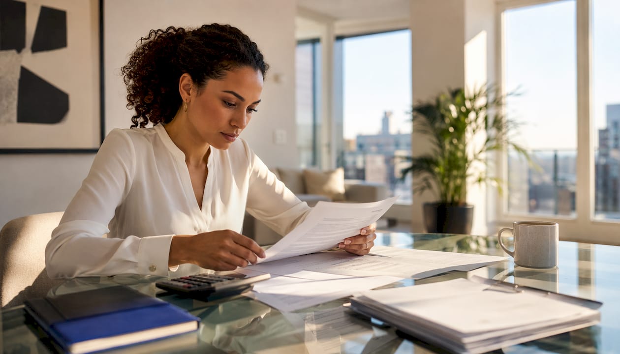 1785127797101_Investor-reviewing-loan-application-documents-at-table Investor reviewing loan application documents at table