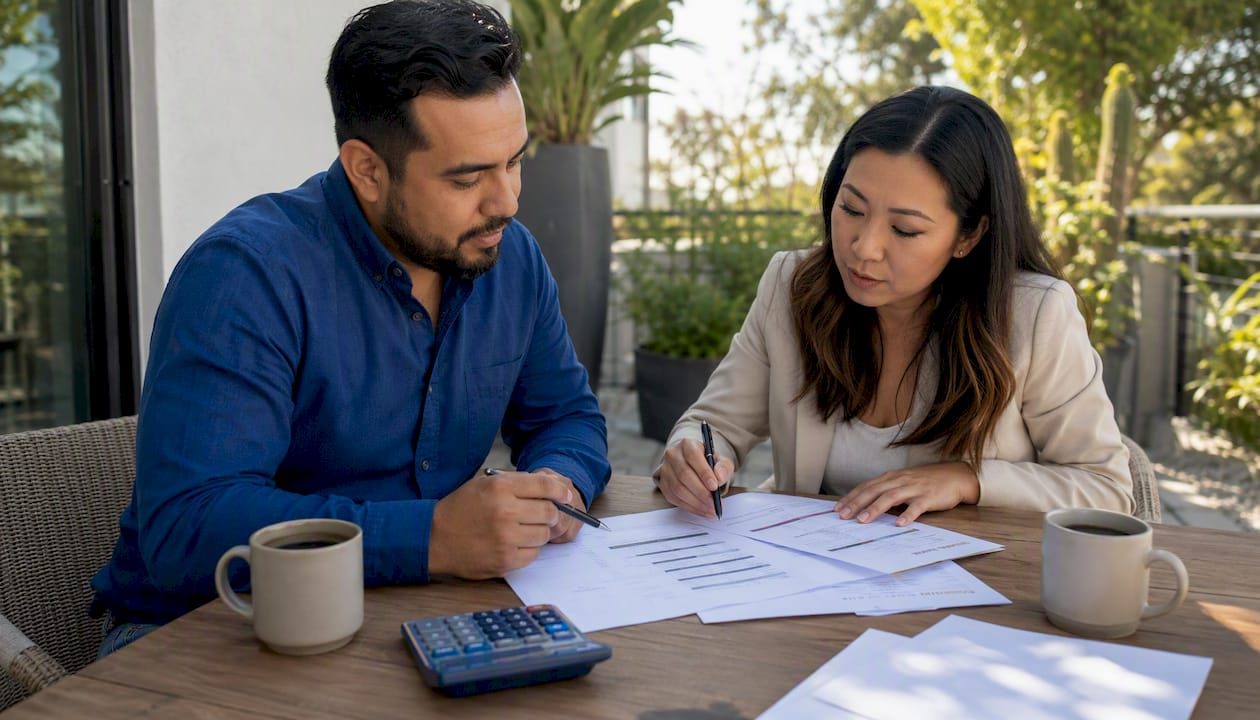 Close-up of hands reviewing loan rate documents
