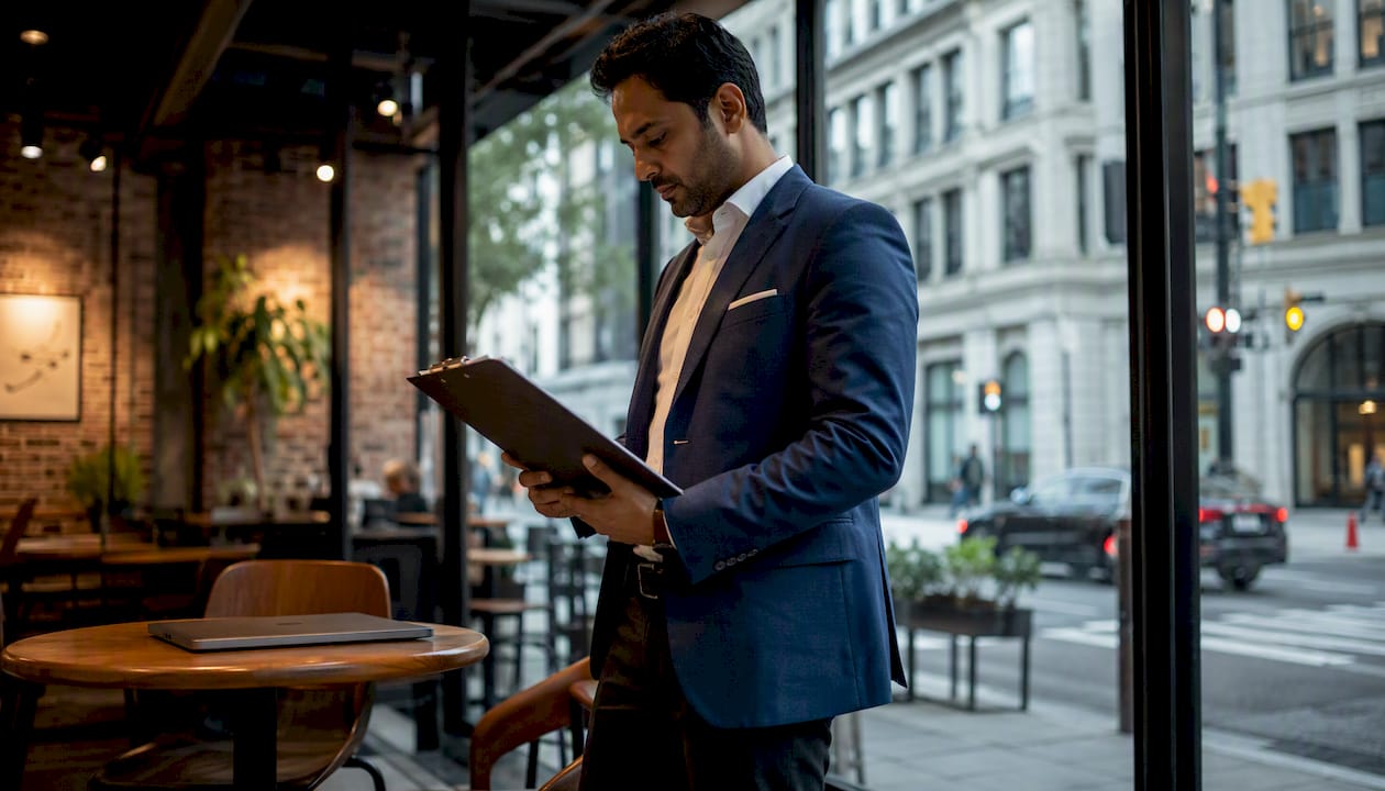 Investor analyzing property portfolio at office window