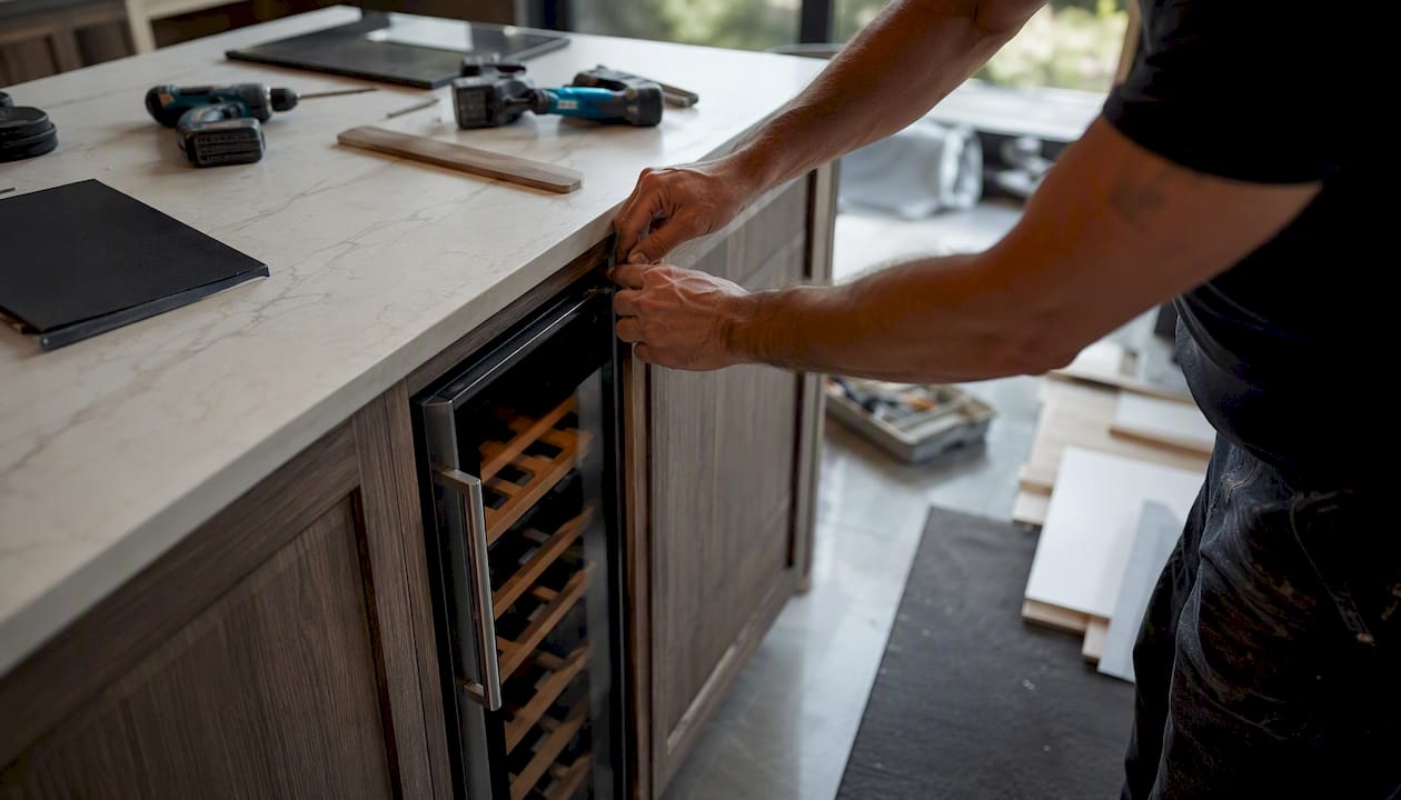 Craftsmen installing luxury kitchen cabinetry