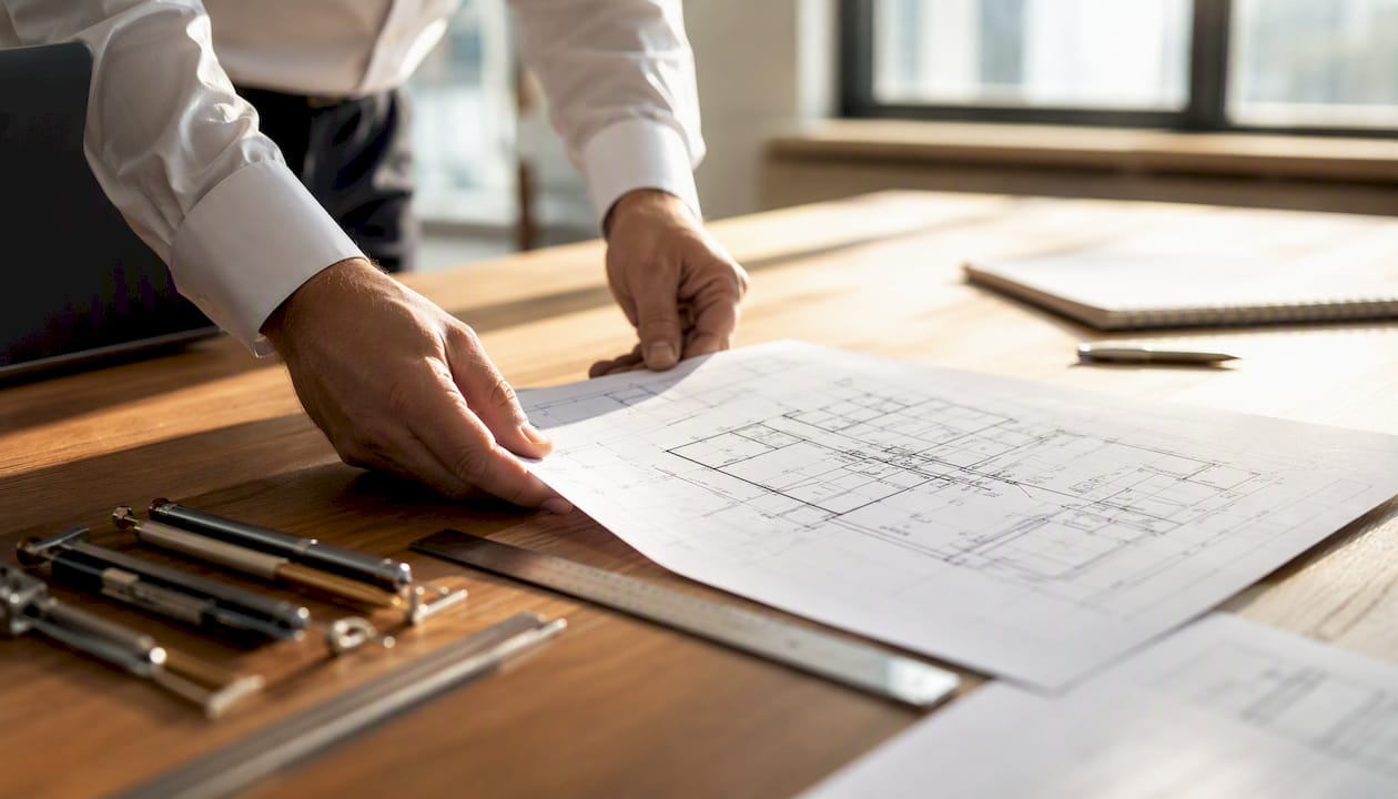 1786760195512_Investor-hands-with-blueprints-and-building-model Investor hands with blueprints and building model