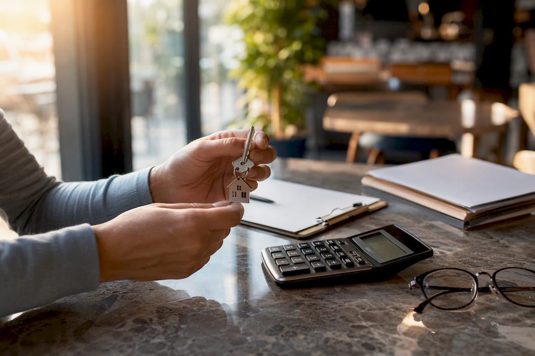 1787053030118_Hands-holding-house-key-and-calculator-on-table Hands holding house key and calculator on table
