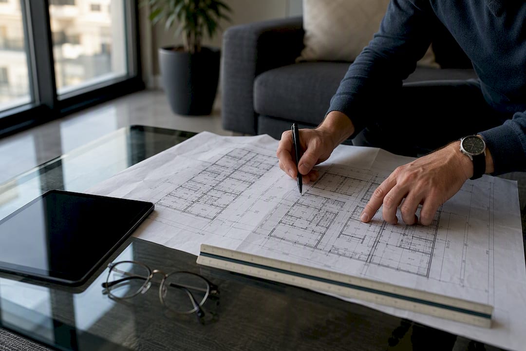 1787802242463_Hands-analyzing-multifamily-property-blueprint Hands analyzing multifamily property blueprint